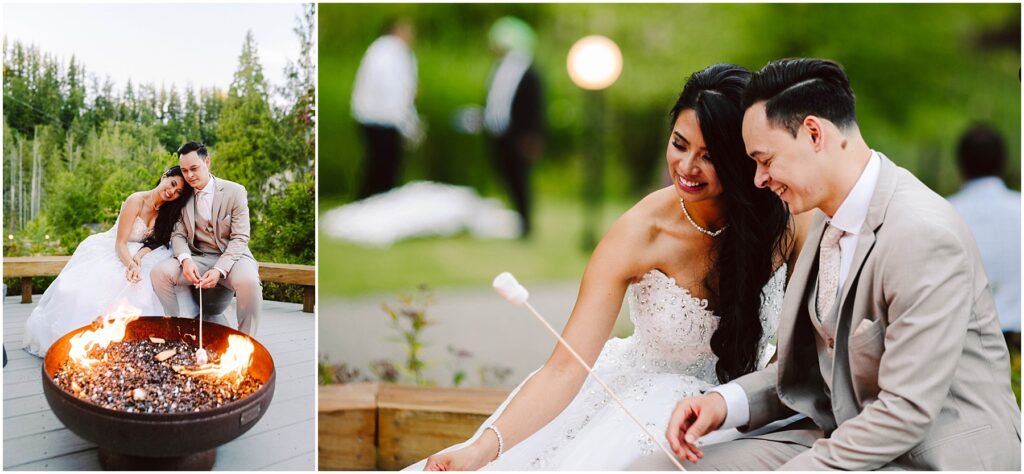 Snohomish wedding photographer gsquared weddings a bride and groom in formal attire sit by a fire pit outdoors The bride leans on the grooms shoulder in the left image and they both smile while roasting marshmallows in the right image The background is a lush green garden Serving seattle snohomish and washington state