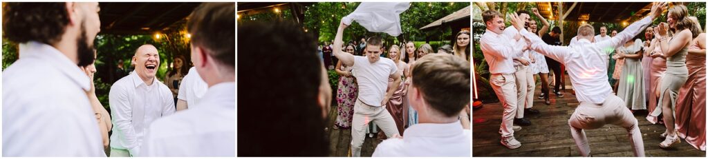 Snohomish wedding photographer gsquared weddings three images show people dancing joyfully at an outdoor event A person in white is enthusiastically dancing raising a cloth in the air surrounded by smiling guests The setting has greenery and festive lights Serving seattle snohomish and washington state