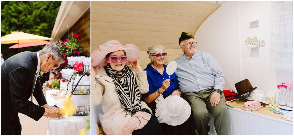 Snohomish wedding photographer gsquared weddings man in suit writes on paper at outdoor table with flowers and umbrella Inside three adults sit on a bench in playful hats and glasses holding props with more hats nearby Wall decor and shelves add a cozy touch Serving seattle snohomish and washington state