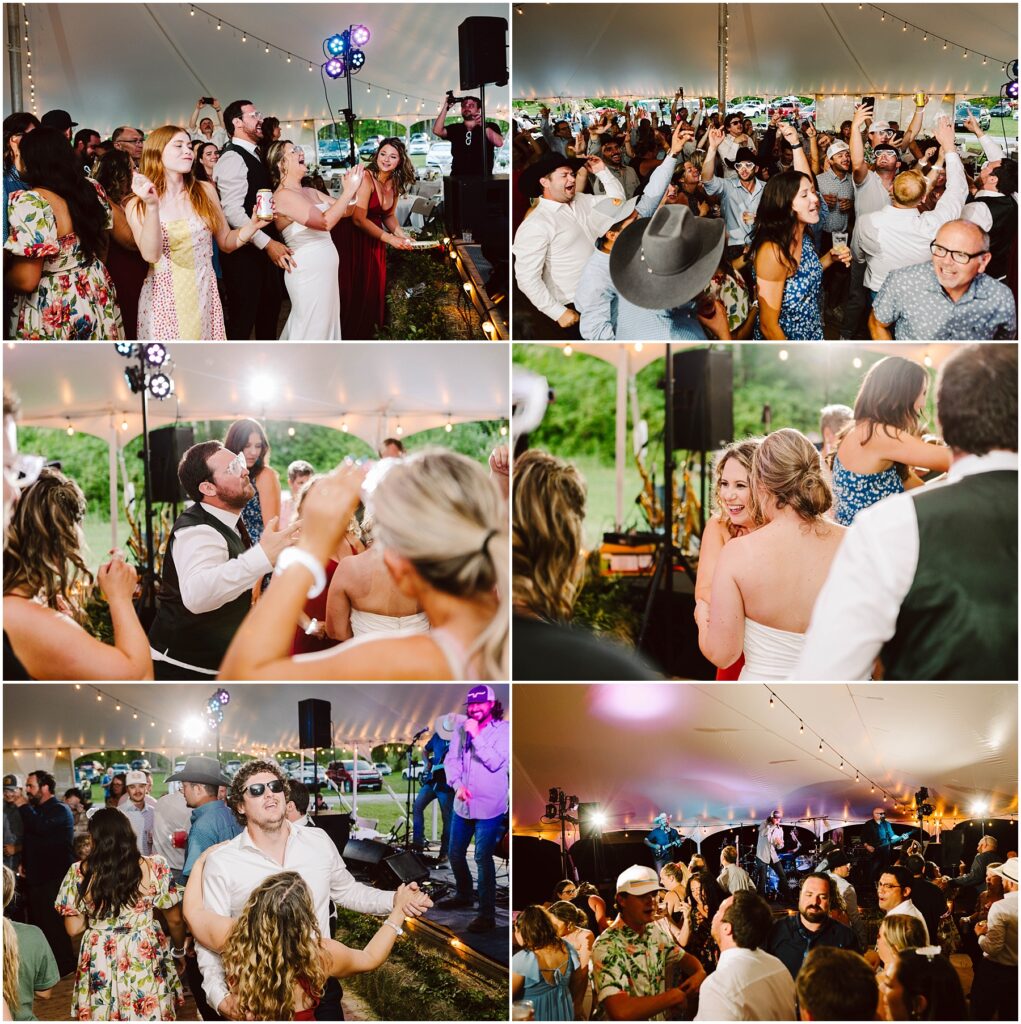 Snohomish wedding photographer gsquared weddings a lively wedding celebration under a tent with guests dancing smiling and enjoying live music The scene is festive with string lights and a band performing The crowd includes people of various ages in casual and semi formal attire Serving seattle snohomish and washington state