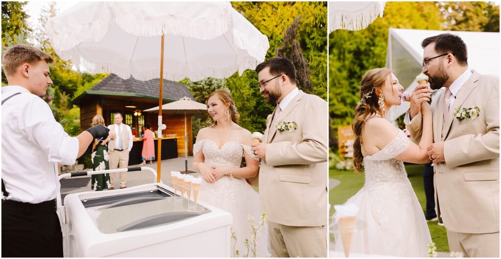 Snohomish wedding photographer gsquared weddings a bride and groom in wedding attire enjoy ice cream from a vendor at an outdoor location The groom feeds a cone to the bride who smiles under a white umbrella A wooden cabin and green trees are visible in the background Serving seattle snohomish and washington state