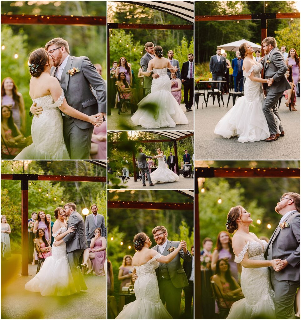 Snohomish wedding photographer gsquared weddings a bride and groom share their first dance outdoors The bride wears an off the shoulder gown and the groom is in a gray suit They are surrounded by guests and string lights with trees in the background Various joyful moments are captured in the collage Serving seattle snohomish and washington state