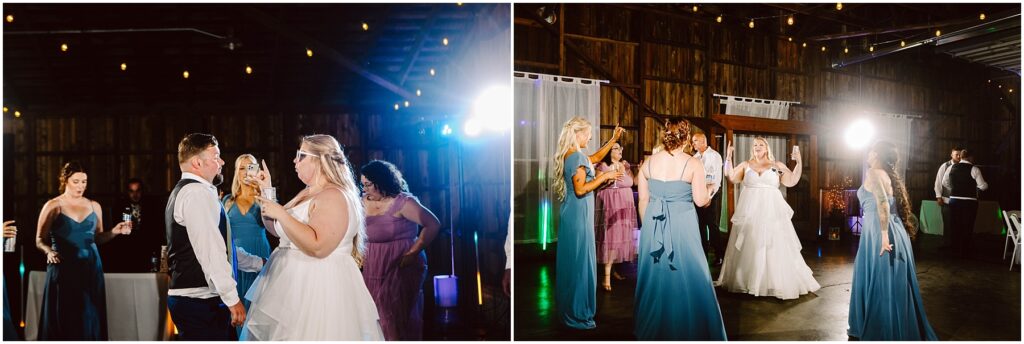 Snohomish wedding photographer gsquared weddings a wedding reception with guests dancing The image is split into two sections on the left a bride and groom dance with guests and on the right a bride and bridesmaids in blue dresses enjoy the dance floor under warm lights in a rustic venue Serving seattle snohomish and washington state