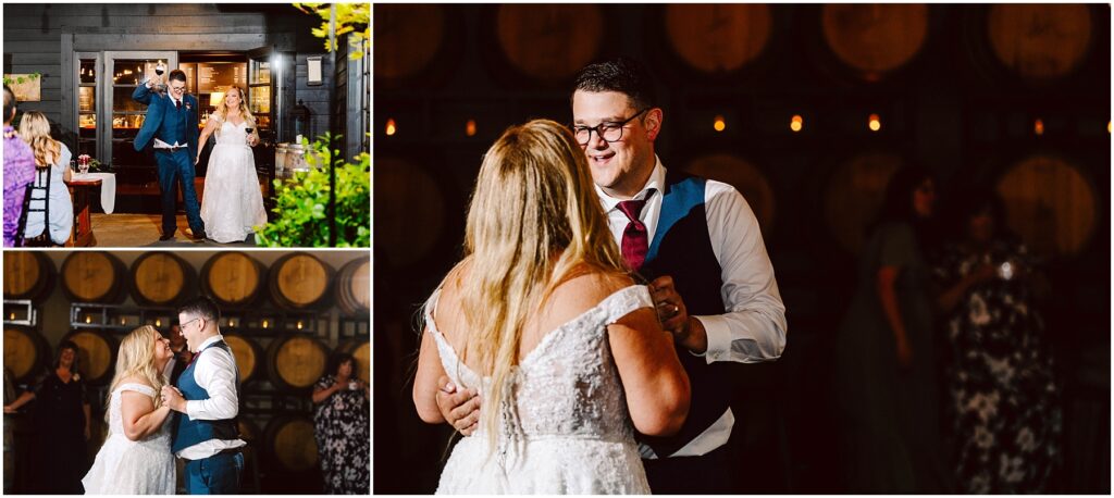 Snohomish wedding photographer gsquared weddings a couple dances at a wedding reception held in a winery They are surrounded by wooden barrels and guests are in the background The bride wears a white dress and the groom is in a blue vest and tie Another image shows them entering the venue Serving seattle snohomish and washington state