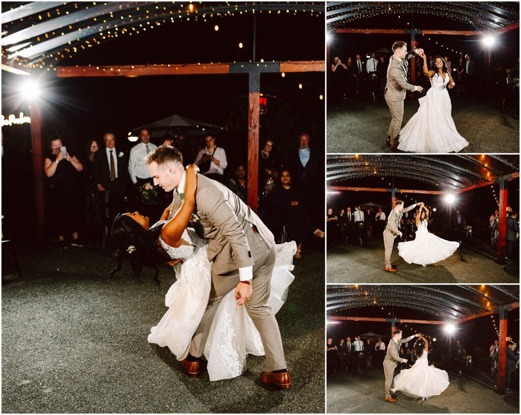 Snohomish wedding photographer gsquared weddings a newlywed couple dances under string lights at their wedding The groom in a beige suit dips the bride who wears a flowing white gown Guests watch and capture the moment on their phones The dance floor is illuminated with warm festive lights Serving seattle snohomish and washington state