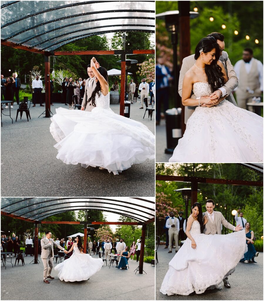 Snohomish wedding photographer gsquared weddings a bride and groom dance joyfully at an outdoor wedding The bride spins her dress billowing out and the groom holds her close Guests watch in the background under a transparent canopy Lush greenery surrounds the festive scene Serving seattle snohomish and washington state
