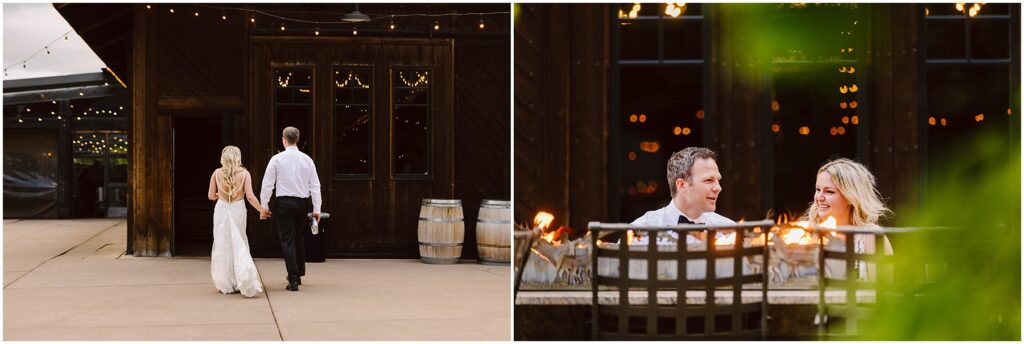 Snohomish wedding photographer gsquared weddings a couple in wedding attire walks toward a wooden building with string lights On the right they sit by an outdoor fire pit smiling at each other Two wine barrels are visible near the entrance Serving seattle snohomish and washington state