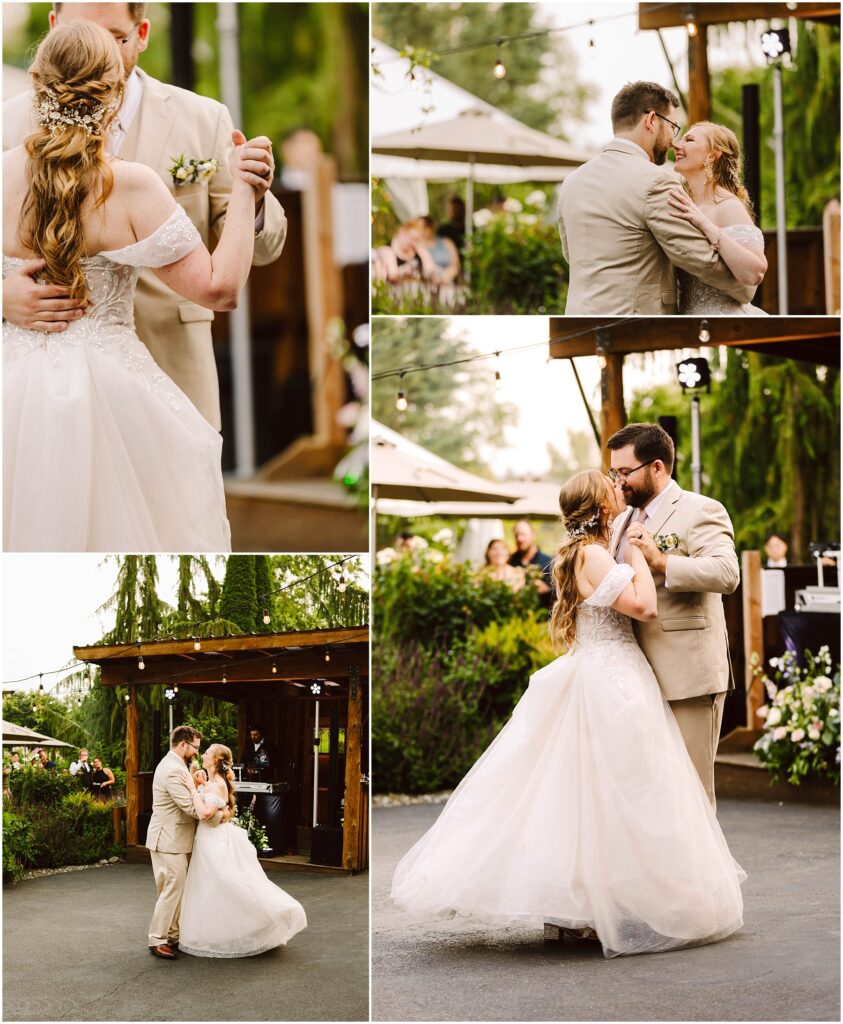 Snohomish wedding photographer gsquared weddings a bride and groom share a dance outdoors under a canopy of string lights The bride wears a white gown and the groom a beige suit They are surrounded by greenery and flowers creating a romantic and intimate atmosphere Serving seattle snohomish and washington state