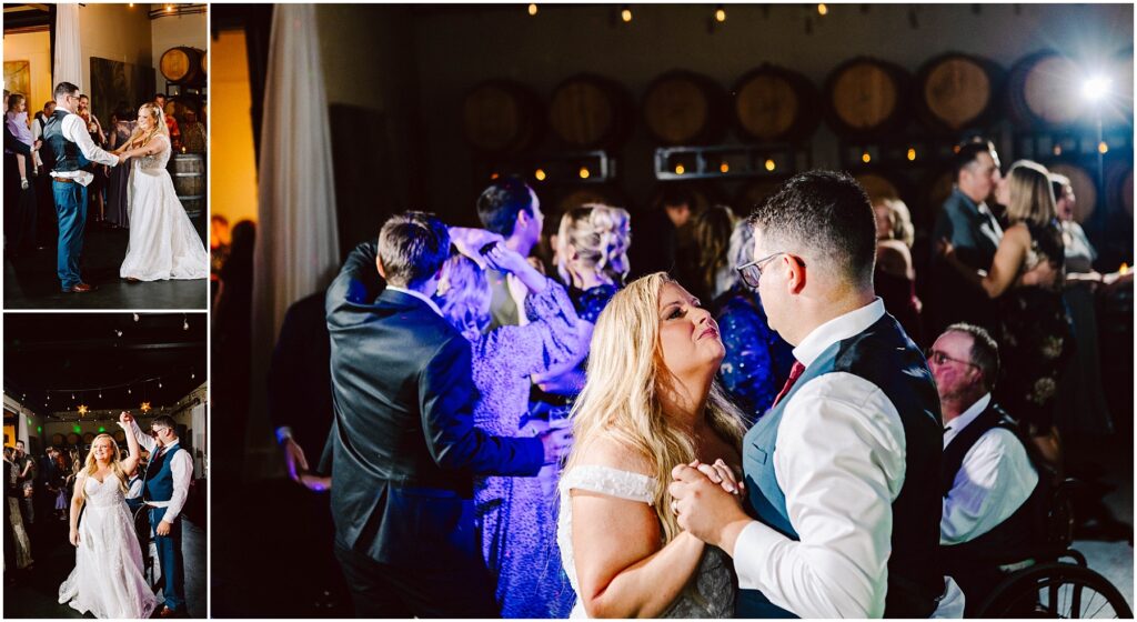 Snohomish wedding photographer gsquared weddings a bride and groom share a dance at their wedding reception The couple dances closely surrounded by guests with a backdrop of wine barrels under soft lighting Other guests joyfully dance together in the background Serving seattle snohomish and washington state