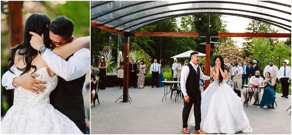Snohomish wedding photographer gsquared weddings a bride and groom hold each other closely on the left while on the right they share a joyful dance under a glass canopy Guests in formal attire watch in the background at an outdoor venue surrounded by greenery Serving seattle snohomish and washington state
