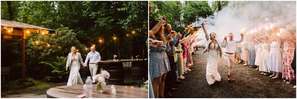 Snohomish wedding photographer gsquared weddings a couple in wedding attire walks through a wooded outdoor venue On the left they stroll by a wooden sign with warm lights On the right guests hold sparklers creating a festive celebratory atmosphere Serving seattle snohomish and washington state