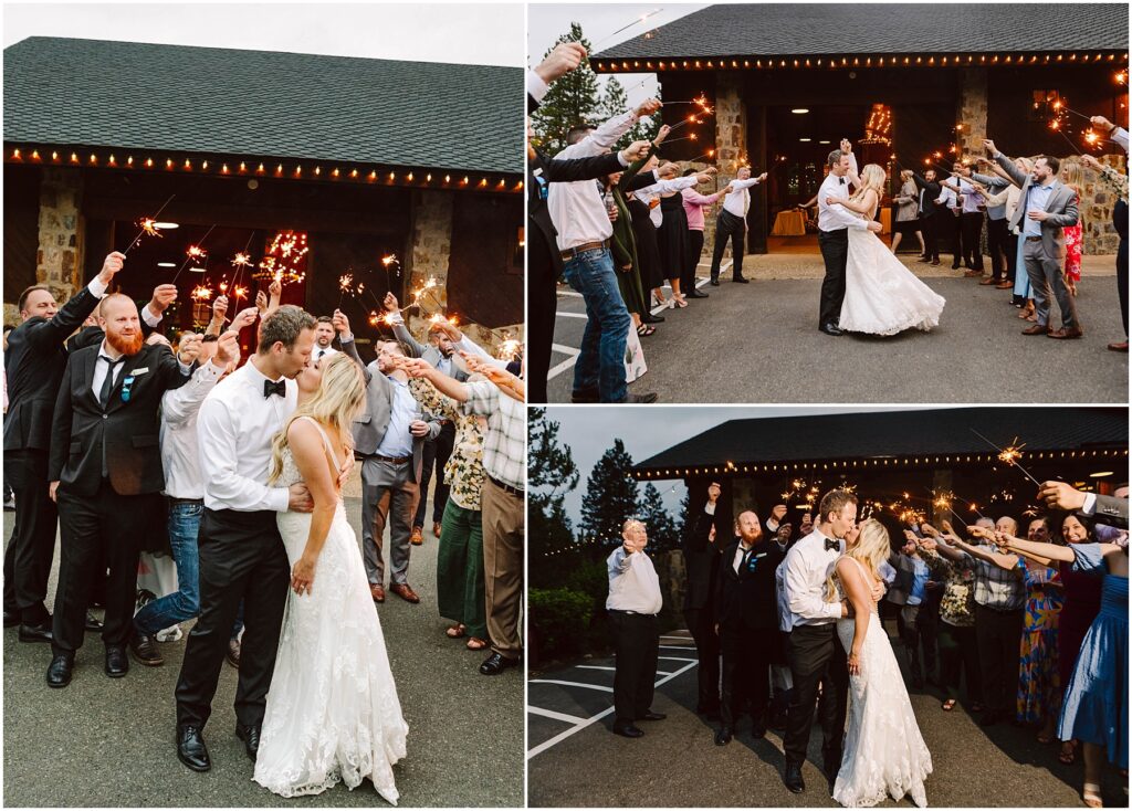 Snohomish wedding photographer gsquared weddings a bride and groom share their first dance outside a building surrounded by guests holding sparklers The couple is dressed in wedding attire The scene is captured in three different angles with a warm festive atmosphere Serving seattle snohomish and washington state