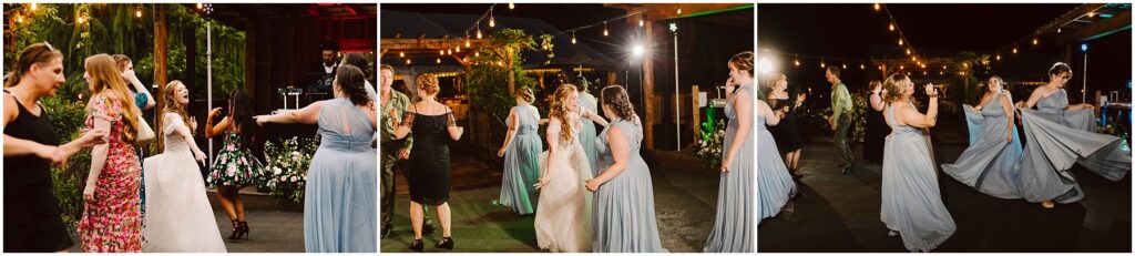 Snohomish wedding photographer gsquared weddings a group of people in formal attire are dancing at an outdoor event during the evening String lights illuminate the scene Women in dresses and men in suits are enjoying the party on a spacious dance floor surrounded by greenery Serving seattle snohomish and washington state