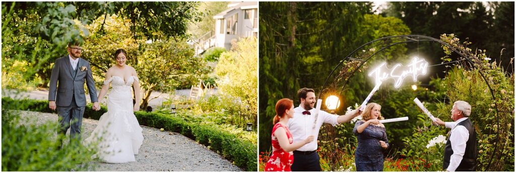 Snohomish wedding photographer gsquared weddings left image a couple in wedding attire walks hand in hand on a gravel path surrounded by greenery Right image four people including a woman holding flowers celebrate with light wands under a decorative arch in a garden Serving seattle snohomish and washington state