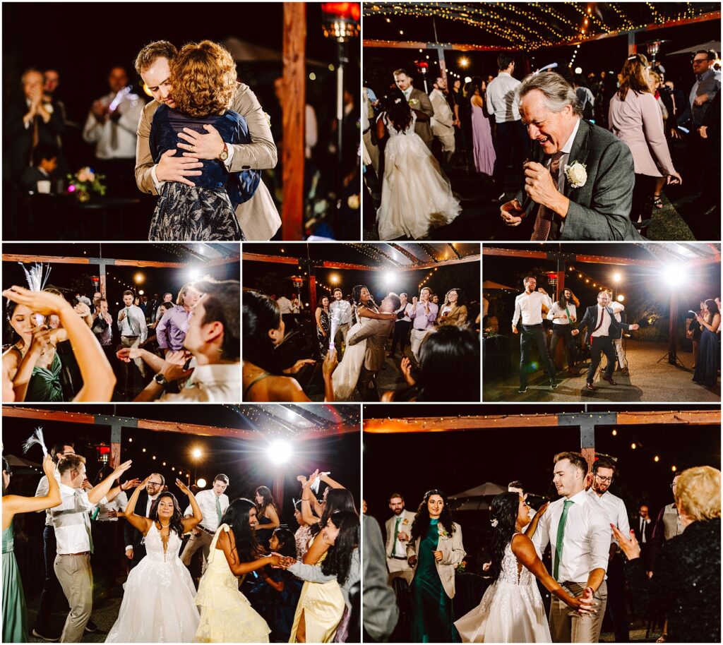 Snohomish wedding photographer gsquared weddings a collage of wedding reception photos Guests are dancing joyfully under string lights Theres a mix of lively group dances and intimate moments with one man delivering a speech The atmosphere is vibrant and celebratory Serving seattle snohomish and washington state