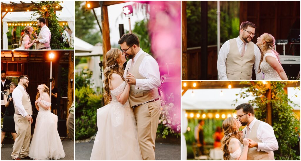 Snohomish wedding photographer gsquared weddings a couple enjoys their wedding day dancing closely in an outdoor setting They are smiling and exchanging loving glances The bride wears a lace gown the groom a vest and tie Festive lights and greenery surround them in a warm and joyful atmosphere Serving seattle snohomish and washington state