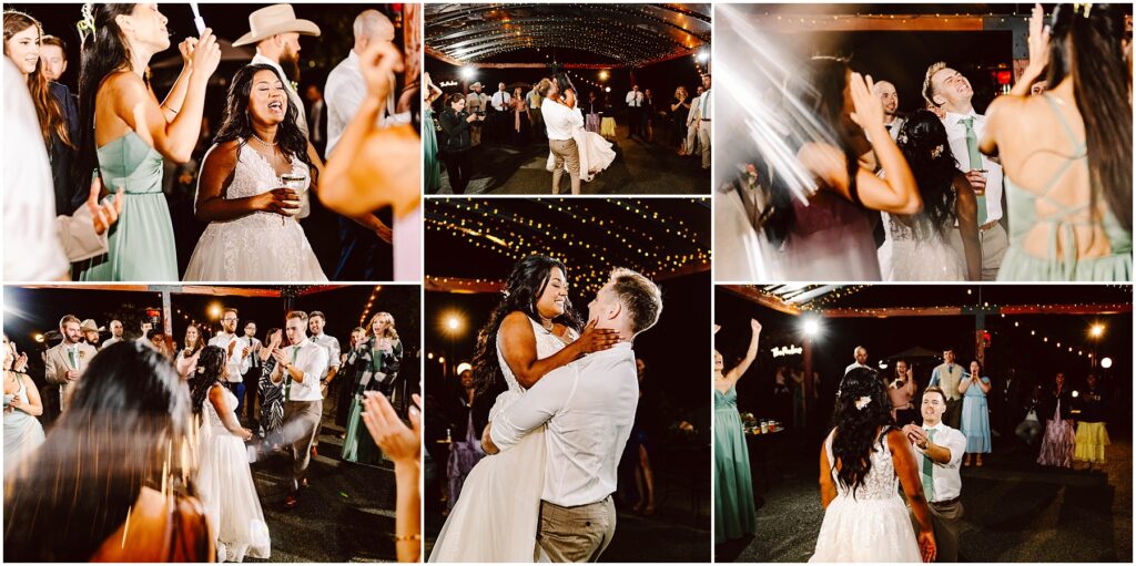 Snohomish wedding photographer gsquared weddings a lively wedding reception with a couple dancing joyfully under string lights Guests in dresses and suits surround them some clapping and smiling The couple shares a happy moment with the bride wearing a white gown and the groom in a suit Serving seattle snohomish and washington state