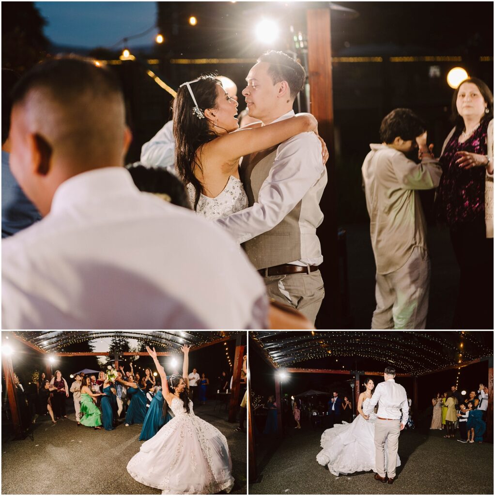 Snohomish wedding photographer gsquared weddings a bride and groom dance closely in an outdoor evening setting with string lights and guests The bride raises her arms with joy in another scene and guests including a child are visible in the background Serving seattle snohomish and washington state