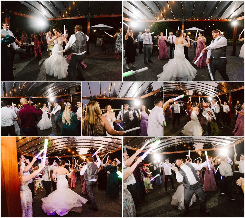 Snohomish wedding photographer gsquared weddings a lively wedding reception dance floor under string lights The bride groom and guests are joyfully dancing some holding glowing sticks capturing a vibrant and celebratory atmosphere Serving seattle snohomish and washington state