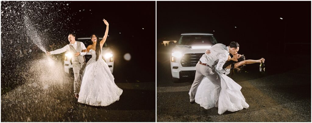 Snohomish wedding photographer gsquared weddings a newlywed couple celebrates at night On the left they stand in front of a white truck joyous as water sprays around them On the right the groom dips the bride both smiling holding flowers with the truck in the background Serving seattle snohomish and washington state
