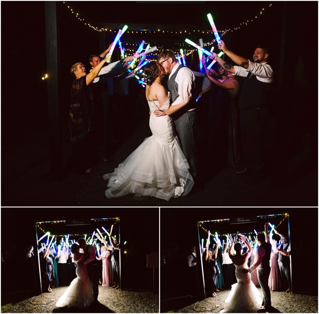 Snohomish wedding photographer gsquared weddings a couple kisses under a canopy of string lights as guests hold colorful light sticks overhead The bride wears a white gown and the groom is in a vest Two additional images show the couple from behind surrounded by cheering guests Serving seattle snohomish and washington state