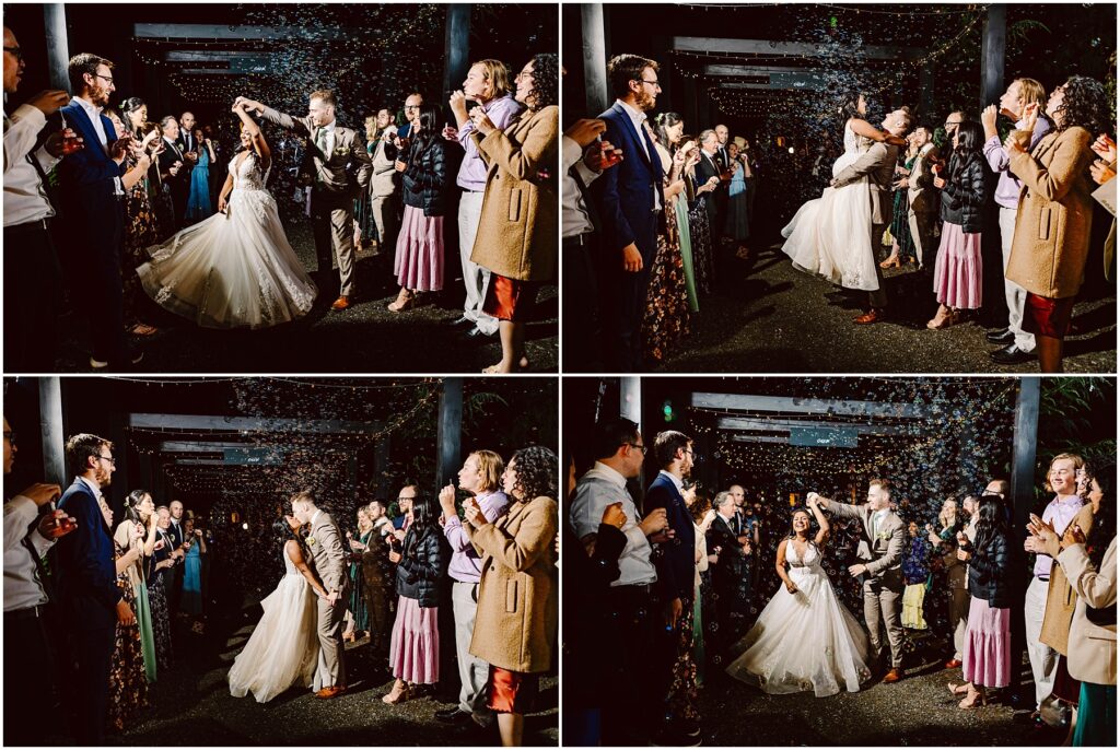 Snohomish wedding photographer gsquared weddings a series of four photos shows a couple in wedding attire celebrating amidst a crowd at night They kiss and dance as guests cheer and toss confetti The scene is festive with people clapping and smiling illuminated by soft lighting Serving seattle snohomish and washington state