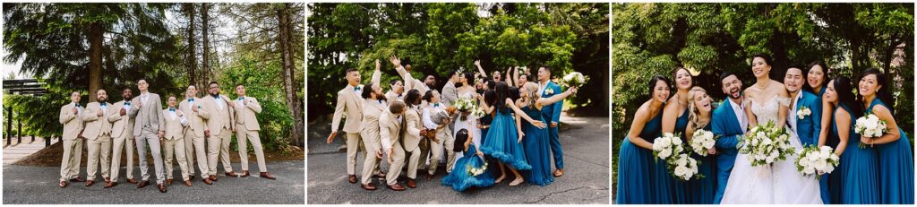 Snohomish Wedding Photographer GSquared Weddings Three images of a wedding party. The first shows groomsmen in beige suits, laughing. The second includes both groomsmen and bridesmaids in blue dresses, celebrating. The third features the bride with the bridal party, all smiling and holding flowers. Serving Seattle, Snohomish and Washington State