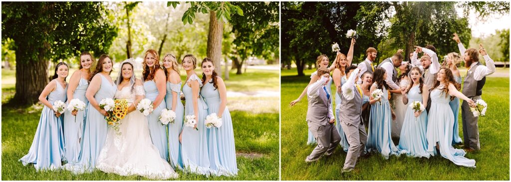 Snohomish Wedding Photographer GSquared Weddings A bride in a white gown stands with her bridesmaids, who wear matching light blue dresses, posing with bouquets. In a separate photo, the bride, bridesmaids, and groomsmen celebrate joyfully in a park. Trees and greenery surround them. Serving Seattle, Snohomish and Washington State