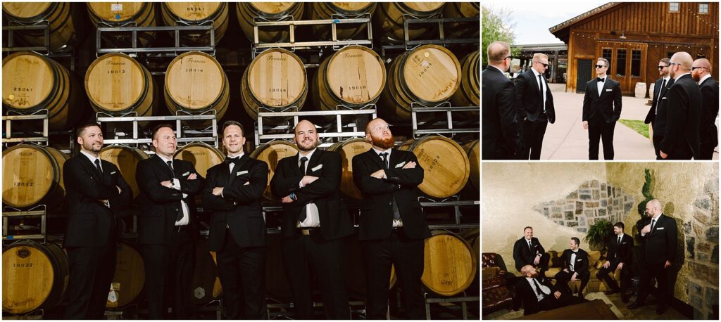Snohomish Wedding Photographer GSquared Weddings A group of men in black suits and ties pose in front of stacked wooden barrels, with two additional smaller images: one of the men standing outside near a wooden building, and another of them sitting in a stone-walled room. Serving Seattle, Snohomish and Washington State