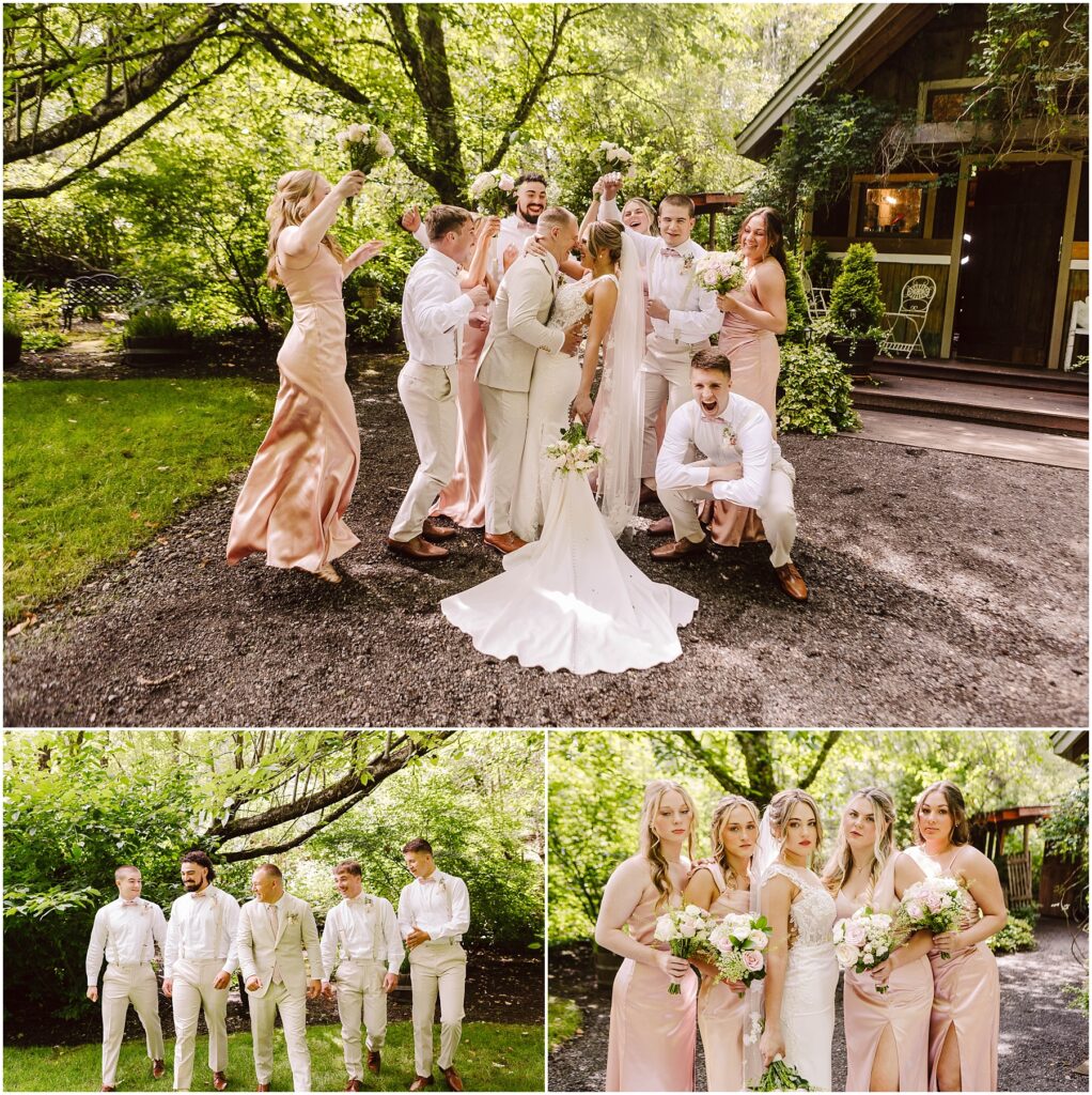 Snohomish Wedding Photographer GSquared Weddings A joyful wedding party celebrates outdoors. The first image shows bridesmaids in peach dresses and groomsmen in light suits cheering around the couple. The second image features groomsmen, and the third features bridesmaids posing together. Serving Seattle, Snohomish and Washington State