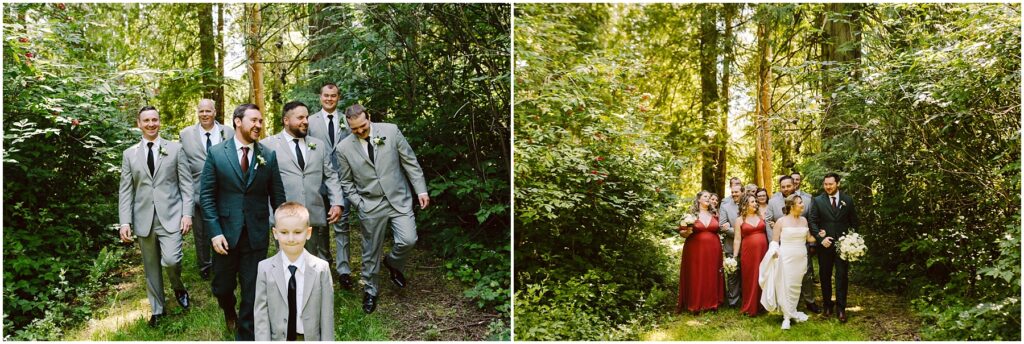 Snohomish Wedding Photographer GSquared Weddings A group of men in suits walk through a green, wooded path. Nearby, another group includes bridesmaids in red dresses and the bride and groom, smiling and holding a bouquet, surrounded by lush greenery. Serving Seattle, Snohomish and Washington State