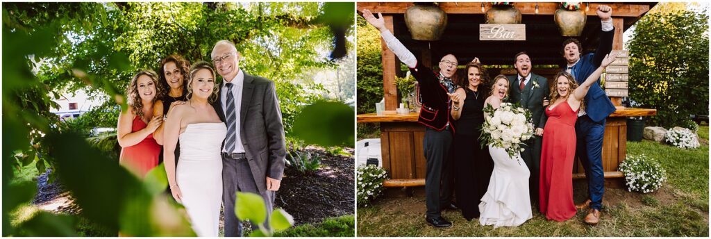 Snohomish Wedding Photographer GSquared Weddings Two wedding photos. Left: A bride in a white dress poses with two women and an older man under a tree. Right: The bride, groom, and four guests, two women in red dresses and two men in suits, cheerfully pose outside in front of a wooden bar. Serving Seattle, Snohomish and Washington State