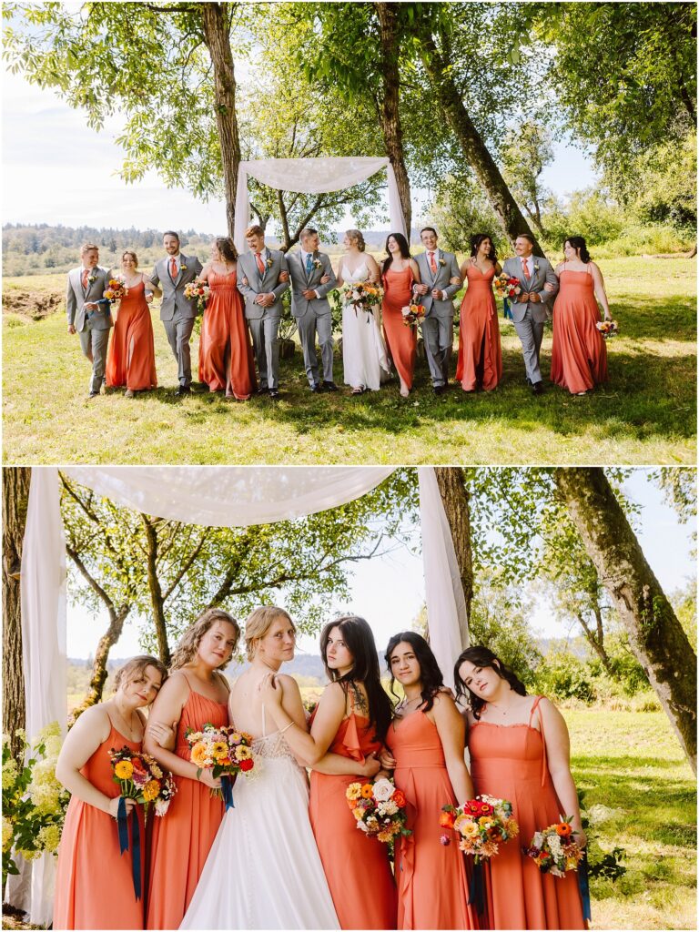 Snohomish Wedding Photographer GSquared Weddings Top image: A wedding party poses outdoors under trees, with bridesmaids in coral dresses and groomsmen in gray suits. Bottom image: The bride stands with bridesmaids holding colorful bouquets under a sheer canopy. Sunny day with a green backdrop. Serving Seattle, Snohomish and Washington State