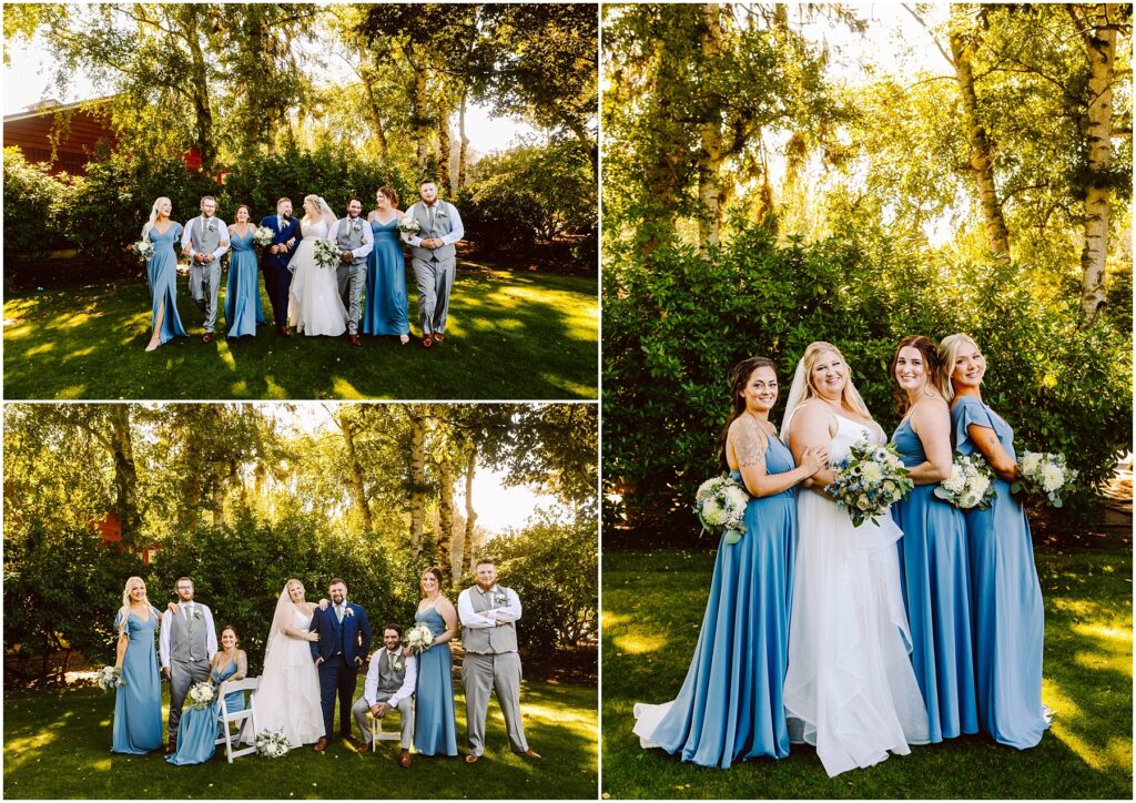 Snohomish Wedding Photographer GSquared Weddings Three images show a wedding party outdoors. Top left: group with brides in the center, bridesmaids in blue dresses, and others in suits. Bottom left: brides seated, surrounded by party. Right: brides posing with bridesmaids holding bouquets. Serving Seattle, Snohomish and Washington State