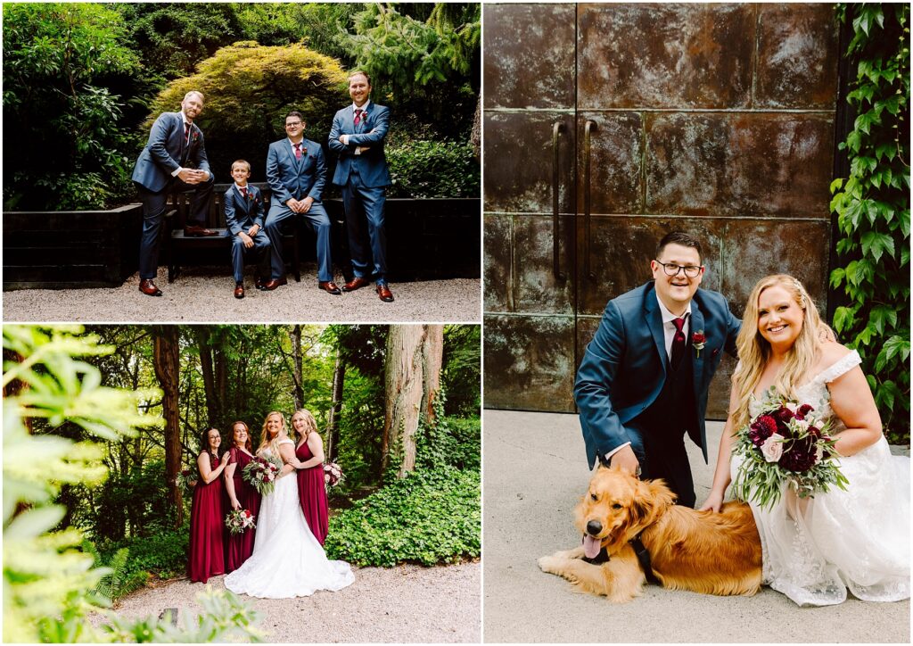 Snohomish Wedding Photographer GSquared Weddings A collage of wedding photos: Top left is three men and a boy in suits. Top right shows a couple with a golden retriever. Bottom left has three bridesmaids and a bride. Bottom right features the couple and the dog, smiling outdoors. Serving Seattle, Snohomish and Washington State
