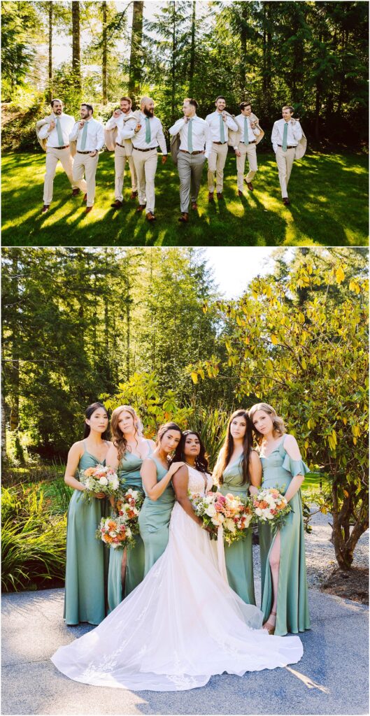 Snohomish Wedding Photographer GSquared Weddings Top image: A group of groomsmen in light suits and suspenders walk playfully on a grassy area. Bottom image: A bride in a white dress stands with bridesmaids in green dresses, all holding bouquets, against a backdrop of trees and bushes. Serving Seattle, Snohomish and Washington State