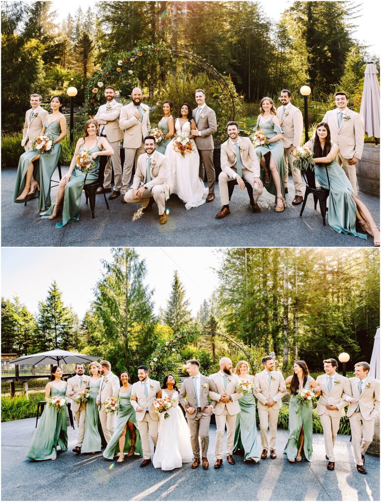 Snohomish Wedding Photographer GSquared Weddings A wedding party poses outdoors in two different group arrangements. The group includes the bride, groom, bridesmaids, and groomsmen dressed in light-colored suits and green dresses, standing in a lush, wooded setting under clear skies. Serving Seattle, Snohomish and Washington State
