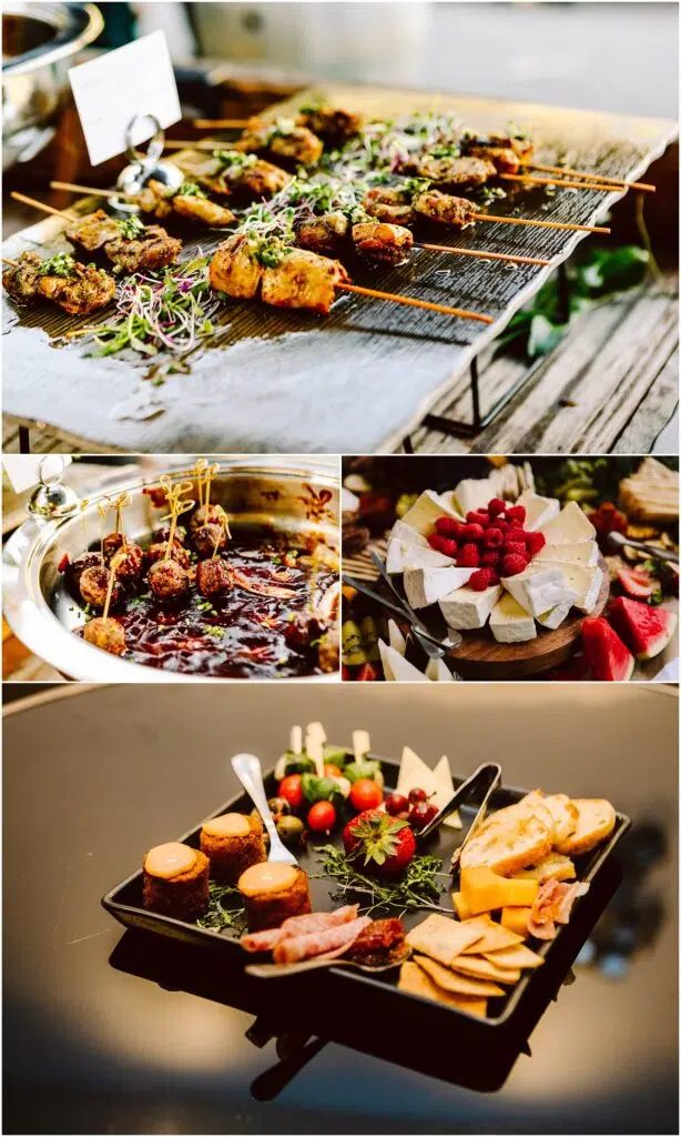 Snohomish Wedding Photographer GSquared Weddings A collage of gourmet food grilled skewers with herbs on a rack meatballs in sauce with toothpicks in a steel dish a platter of assorted cheeses with raspberries and a black tray with appetizers including cheese crackers and meats Serving Seattle Snohomish and Washington State Snohomish Wedding Photographer GSquared Weddings A collage of gourmet food: grilled skewers with herbs on a rack, meatballs in sauce with toothpicks in a steel dish, a platter of assorted cheeses with raspberries, and a black tray with appetizers, including cheese, crackers, and meats. Serving Seattle, Snohomish and Washington State