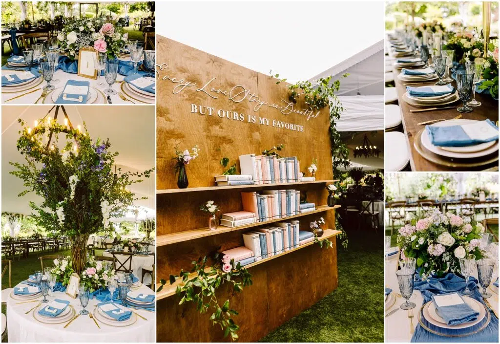 Snohomish Wedding Photographer GSquared Weddings Collage of a wedding reception with elegantly set tables featuring blue and white decor glassware and floral centerpieces A wooden backdrop with shelves of books displays the quote Every Love Story is Beautiful But Ours is My Favorite Serving Seattle Snohomish and Washington State Snohomish Wedding Photographer GSquared Weddings Collage of a wedding reception with elegantly set tables, featuring blue and white decor, glassware, and floral centerpieces. A wooden backdrop with shelves of books displays the quote, Every Love Story is Beautiful, But Ours is My Favorite. Serving Seattle, Snohomish and Washington State