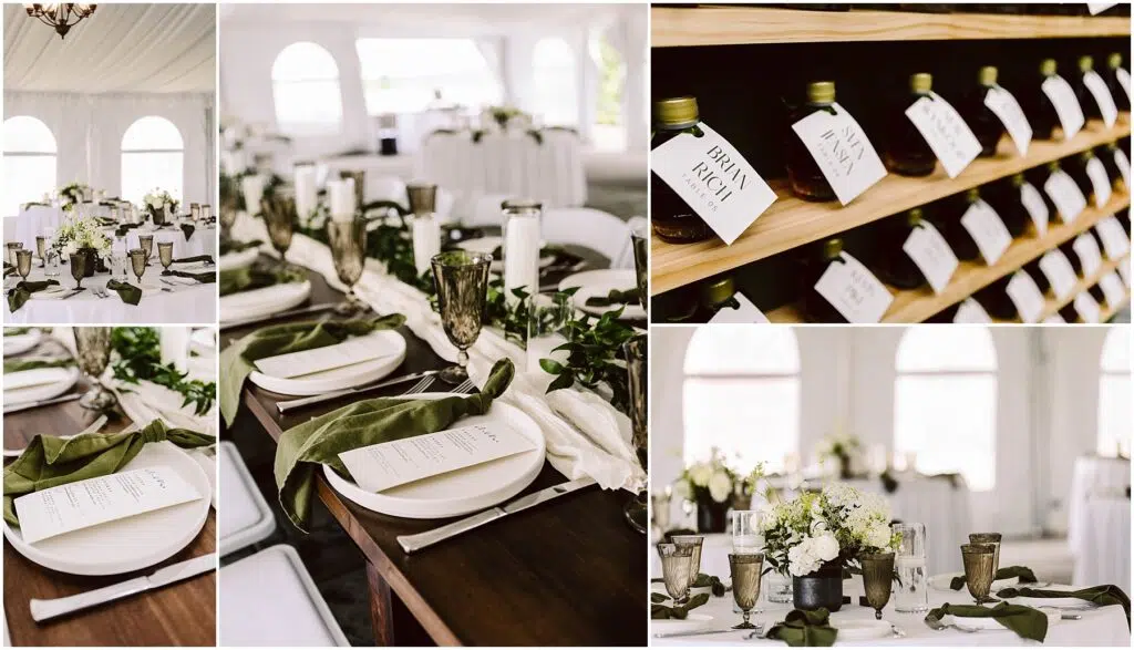 Snohomish Wedding Photographer GSquared Weddings Collage of a wedding reception Elegant tables with white linens green napkins and floral centerpieces Glassware and meal menus are neatly arranged A shelf displays bottled favors with tags The venue has large windows and a white tent ceiling Serving Seattle Snohomish and Washington State Snohomish Wedding Photographer GSquared Weddings Collage of a wedding reception: Elegant tables with white linens, green napkins, and floral centerpieces. Glassware and meal menus are neatly arranged. A shelf displays bottled favors with tags. The venue has large windows and a white tent ceiling. Serving Seattle, Snohomish and Washington State