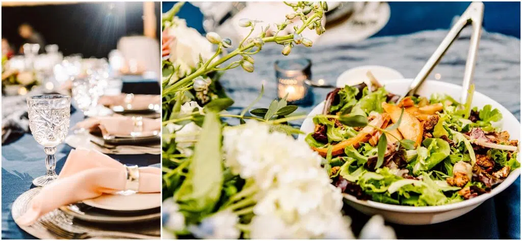 Snohomish Wedding Photographer GSquared Weddings A beautifully set table with crystal glasses and pink napkins on the left On the right a salad in a white bowl featuring mixed greens sliced peaches and croutons with golden utensils The table is decorated with blue and white accents Serving Seattle Snohomish and Washington State Snohomish Wedding Photographer GSquared Weddings A beautifully set table with crystal glasses and pink napkins on the left. On the right, a salad in a white bowl, featuring mixed greens, sliced peaches, and croutons, with golden utensils. The table is decorated with blue and white accents. Serving Seattle, Snohomish and Washington State