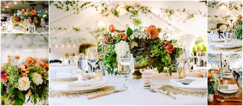 Snohomish wedding photographer gsquared weddings elegant wedding reception table with lush floral centerpieces featuring roses and greenery White plates glassware and cutlery are artfully arranged The tent ceiling is adorned with string lights and greenery creating a romantic atmosphere Serving seattle snohomish and washington state Snohomish wedding photographer gsquared weddings elegant wedding reception table with lush floral centerpieces featuring roses and greenery White plates glassware and cutlery are artfully arranged The tent ceiling is adorned with string lights and greenery creating a romantic atmosphere Serving seattle snohomish and washington state