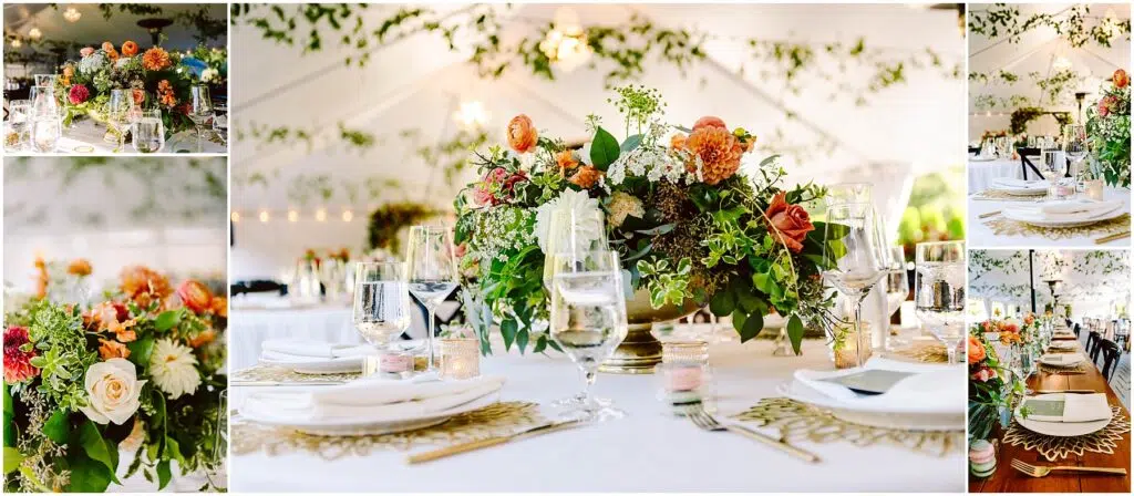 Snohomish Wedding Photographer GSquared Weddings Elegant wedding reception table with lush floral centerpieces featuring roses and greenery White plates glassware and cutlery are artfully arranged The tent ceiling is adorned with string lights and greenery creating a romantic atmosphere Serving Seattle Snohomish and Washington State Snohomish Wedding Photographer GSquared Weddings Elegant wedding reception table with lush floral centerpieces featuring roses and greenery. White plates, glassware, and cutlery are artfully arranged. The tent ceiling is adorned with string lights and greenery, creating a romantic atmosphere. Serving Seattle, Snohomish and Washington State