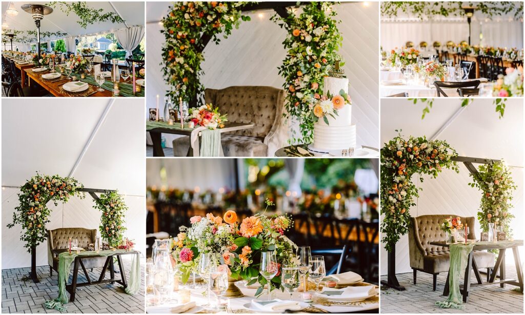 Snohomish wedding photographer gsquared weddings collage of a wedding reception setup showcasing elegant tables with floral centerpieces dining arrangements and a decorated arch with greenery A dessert table with a tiered cake is also visible creating a festive and romantic atmosphere Serving seattle snohomish and washington state Snohomish wedding photographer gsquared weddings collage of a wedding reception setup showcasing elegant tables with floral centerpieces dining arrangements and a decorated arch with greenery A dessert table with a tiered cake is also visible creating a festive and romantic atmosphere Serving seattle snohomish and washington state