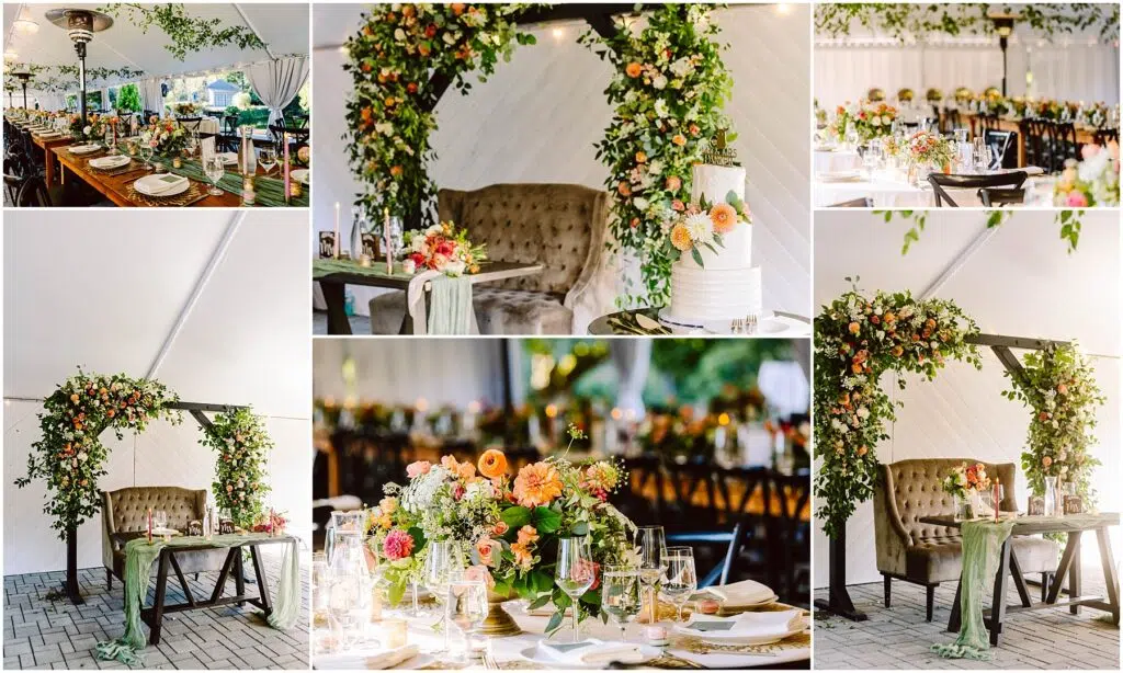 Snohomish Wedding Photographer GSquared Weddings Collage of a wedding reception setup showcasing elegant tables with floral centerpieces dining arrangements and a decorated arch with greenery A dessert table with a tiered cake is also visible creating a festive and romantic atmosphere Serving Seattle Snohomish and Washington State Snohomish Wedding Photographer GSquared Weddings Collage of a wedding reception setup showcasing elegant tables with floral centerpieces, dining arrangements, and a decorated arch with greenery. A dessert table with a tiered cake is also visible, creating a festive and romantic atmosphere. Serving Seattle, Snohomish and Washington State