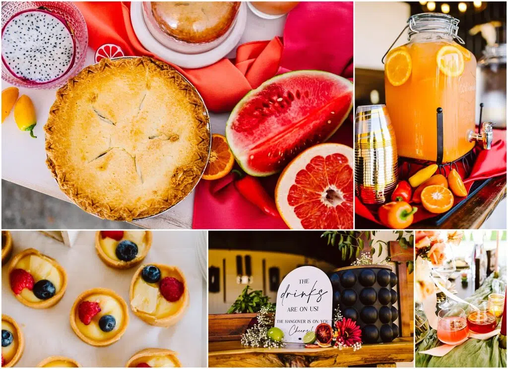 Snohomish Wedding Photographer GSquared Weddings A collage of five images shows a pie dragon fruit melon citrus punch in a dispenser assorted mini tarts a decorative drink sign with flowers and a table setting with beverages and fruits Bright and colorful presentation Serving Seattle Snohomish and Washington State Snohomish Wedding Photographer GSquared Weddings A collage of five images shows a pie, dragon fruit, melon, citrus punch in a dispenser, assorted mini tarts, a decorative drink sign with flowers, and a table setting with beverages and fruits. Bright and colorful presentation. Serving Seattle, Snohomish and Washington State
