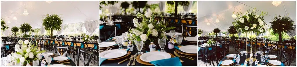 Snohomish Wedding Photographer GSquared Weddings Elegant wedding reception under a large tent featuring long tables with black chairs Tables are adorned with white plates gold cutlery turquoise napkins and lush floral centerpieces of white flowers and greenery Serving Seattle Snohomish and Washington State Snohomish Wedding Photographer GSquared Weddings Elegant wedding reception under a large tent featuring long tables with black chairs. Tables are adorned with white plates, gold cutlery, turquoise napkins, and lush floral centerpieces of white flowers and greenery. Serving Seattle, Snohomish and Washington State