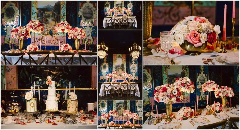Snohomish Wedding Photographer GSquared Weddings A lavish dining setup with elegant floral arrangements Tall vases overflow with red pink and white flowers A multitiered white cake is adorned with candles The richly decorated room features ornate chandeliers and vibrant wall art Serving Seattle Snohomish and Washington State Snohomish Wedding Photographer GSquared Weddings A lavish dining setup with elegant floral arrangements. Tall vases overflow with red, pink, and white flowers. A multi-tiered white cake is adorned with candles. The richly decorated room features ornate chandeliers and vibrant wall art. Serving Seattle, Snohomish and Washington State