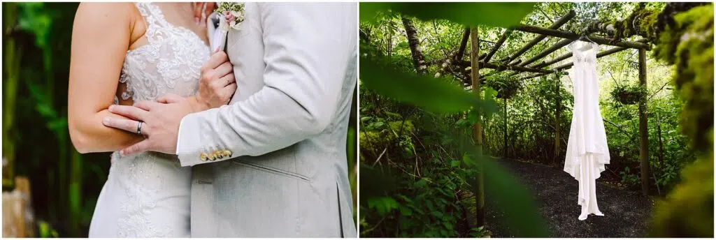 Snohomish Wedding Photographer GSquared Weddings On the left a couple in wedding attire embraces with focus on their hands and the brides lace dress On the right a wedding dress hangs from a wooden frame in a lush green outdoor setting Serving Seattle Snohomish and Washington State Snohomish Wedding Photographer GSquared Weddings On the left, a couple in wedding attire embraces, with focus on their hands and the bride’s lace dress. On the right, a wedding dress hangs from a wooden frame in a lush, green outdoor setting. Serving Seattle, Snohomish and Washington State
