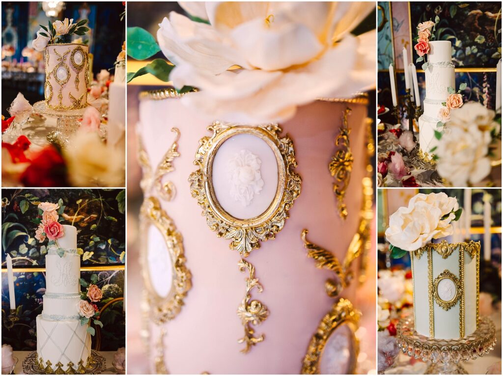 Snohomish wedding photographer gsquared weddings a collage of elegantly decorated cakes featuring detailed gold embellishments ornate floral designs and pastel colors The cakes are adorned with roses and set against a rich dark floral background creating a luxurious and artistic display Serving seattle snohomish and washington state Snohomish wedding photographer gsquared weddings a collage of elegantly decorated cakes featuring detailed gold embellishments ornate floral designs and pastel colors The cakes are adorned with roses and set against a rich dark floral background creating a luxurious and artistic display Serving seattle snohomish and washington state